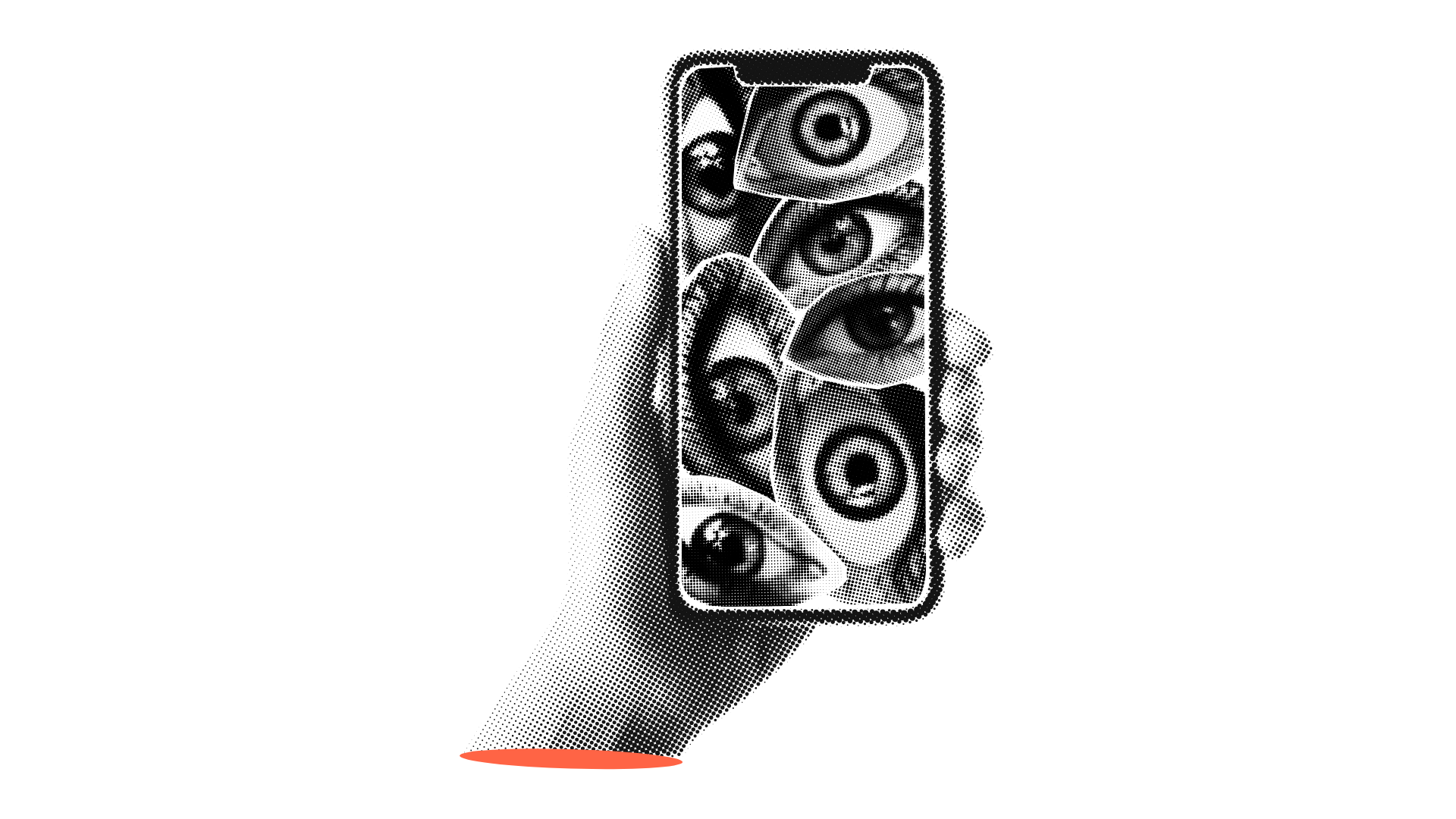 The Proof of Brand series — hand holding a phone filled with black-and-white eyes